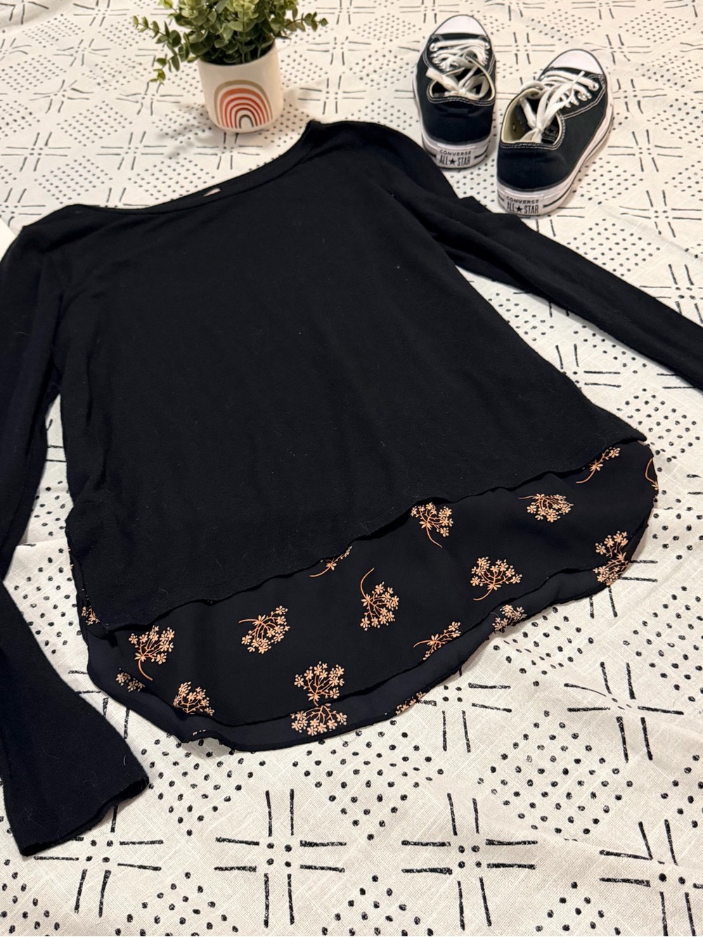 LOFT Black Long-Sleeve Top with Floral Trim Hem